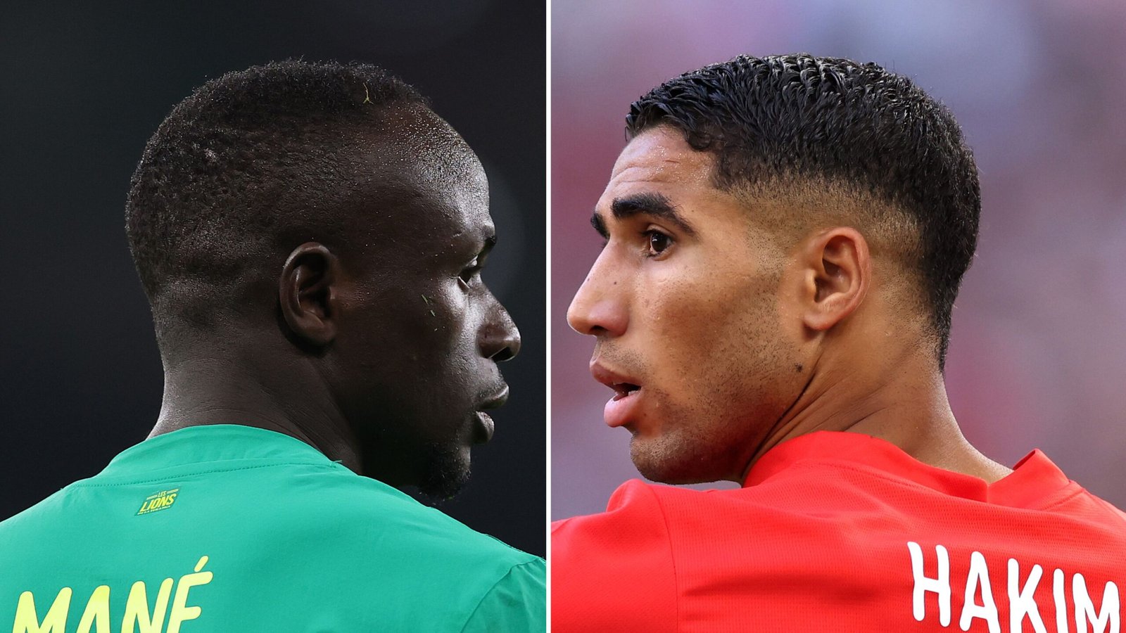 Sadio Mané in a green shirt, facing left, and Achraf Hakimi in a red shirt, facing right, highlight the rivalry between Senegal and Morocco.