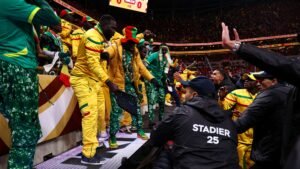 Cheering Senegalese fans in vibrant yellow and green celebrate on the sidelines during the Africa Cup of Nations match, creating an energetic atmosphere.