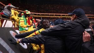 Celebrating fans in vibrant yellow and green attire, with a player in a black jacket amid the excitement in a packed stadium.