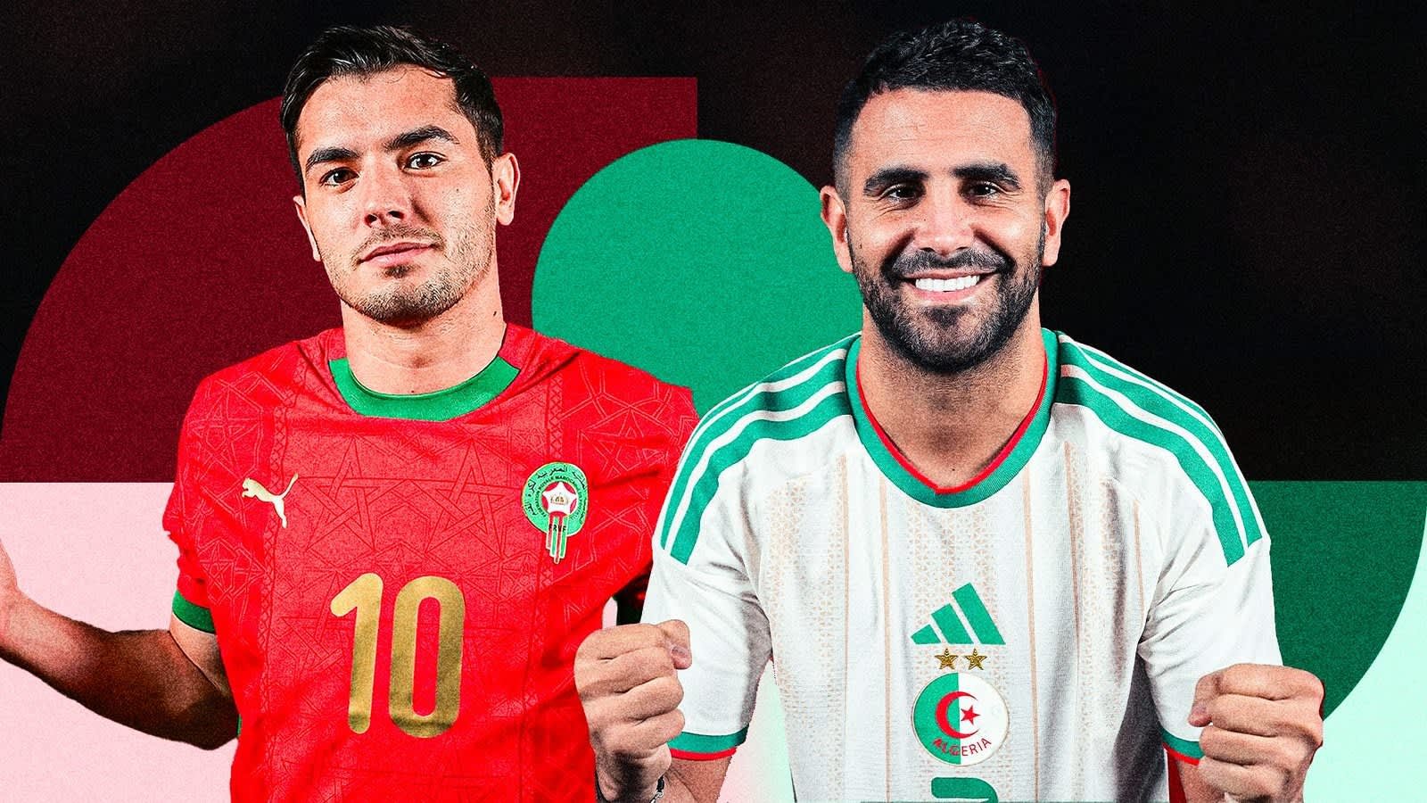 Riyad Mahrez in Algeria's white kit smiles alongside a Moroccan player in a red kit, both showcasing their national pride.