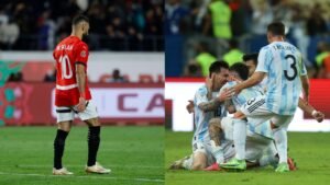 يبدو محمد صلاح بالزي الأحمر لمصر محبطًا، بينما يحتفل ليونيل ميسي مع زملائه بالخطوط الزرقاء الفاتحة والبيضاء للأرجنتين بعد هدف.