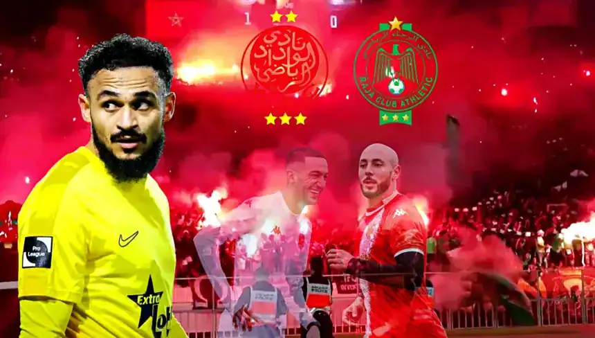 Scène de célébration mettant en scène des joueurs et des supporters marocains avec des fumigènes, illustrant la rivalité intense entre le Wydad et le Raja. On y voit notamment un gardien de but en tenue jaune, et des joueurs clés souriant au milieu des couleurs vibrantes de rouge et de vert.