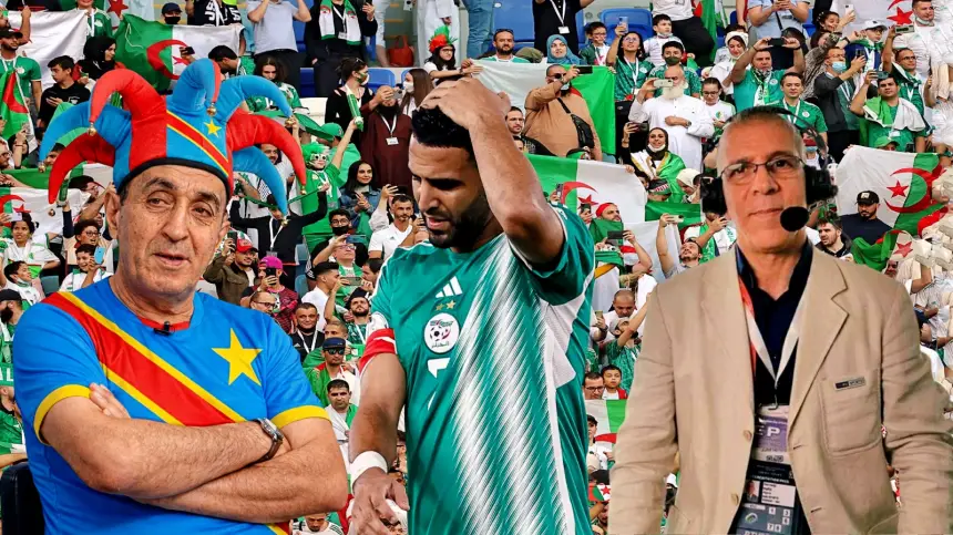 Riyad Mahrez, en tenue verte de l'Algérie, semble abattu, encadré par un supporter portant un chapeau coloré et un commentateur avec un casque, des drapeaux étant visibles dans la foule.