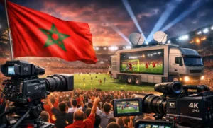 Drapeau marocain au premier plan, avec des unités de diffusion et des caméras capturant l'action en direct d'un match de football dans une atmosphère de stade vibrante.