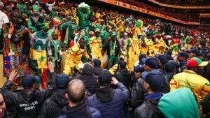 مشجعون سنغاليون يرتدون الأصفر والأخضر الزاهي يحتفلون بشغف خلال مباراة، محاطين بأفراد الأمن يرتدون سترات داكنة.