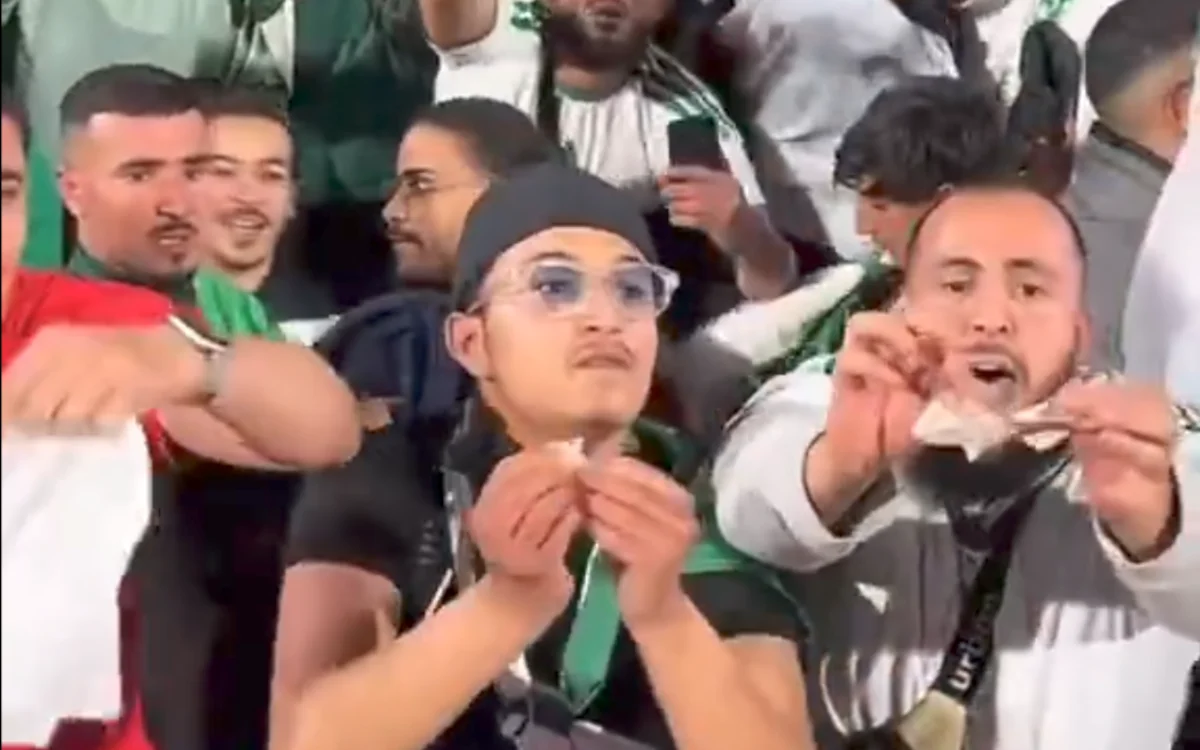 Algerian football fans celebrate energetically, holding banknotes, wearing team colours, amidst a lively crowd.