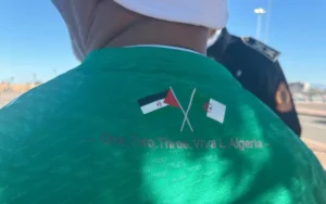 T-shirt de football vert avec des drapeaux algériens croisés et la phrase "Un Deux Trois Viva L'Algérie" au dos, porté par un supporter.