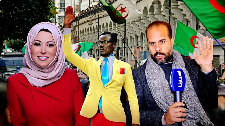 Scène de célébration avec une présentatrice souriante en tenue rouge, un homme en costume jaune, et un reporter masculin, tous entourés de drapeaux algériens.