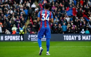 Chadi Riadi in Crystal Palace's vibrant blue and red kit, walking towards a cheering crowd during a match at Selhurst Park.
