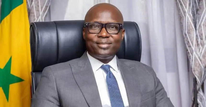 Un homme professionnel en costume assis confiant dans un fauteuil, avec un drapeau vert et jaune en arrière-plan, souriant chaleureusement.