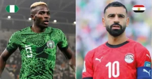 Victor Osimhen in Nigeria's vibrant green kit and Mohamed Salah in Egypt's striking red jersey, both poised for competition.