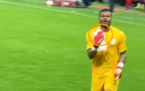 Goalkeeper in yellow uniform gestures towards the crowd with a red-gloved hand during a match, showcasing his determination.