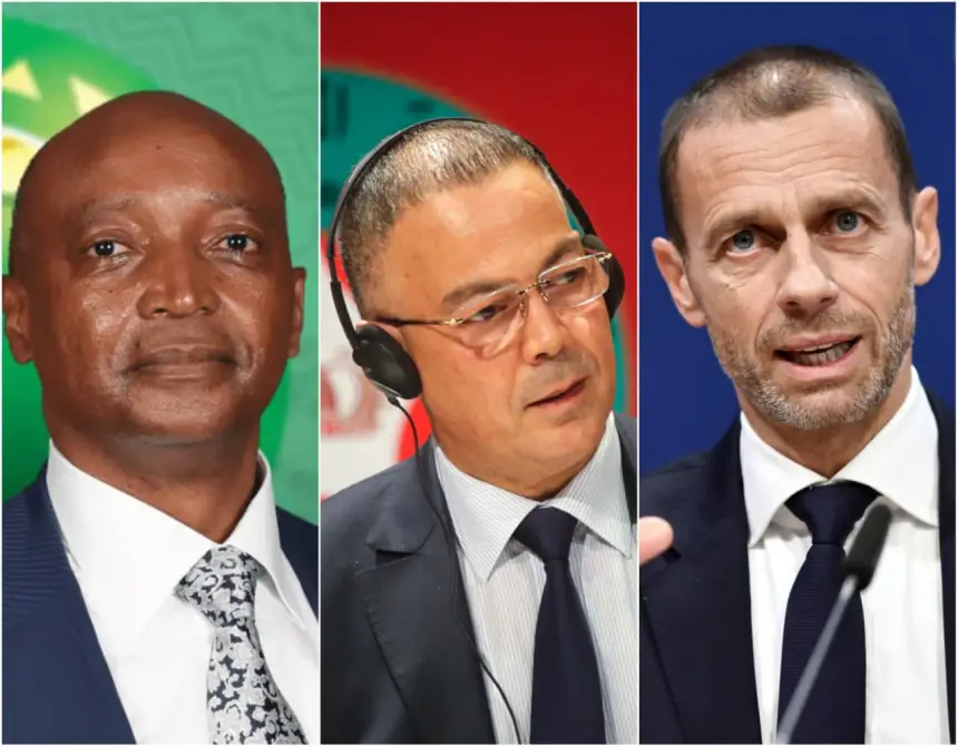 Three sports executives: the CAF president, a Moroccan football administrator, and UEFA's president, discussing football matters.