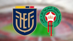 Logos of Ecuadorian Football Federation and Royal Moroccan Football Federation, symbolising international football collaboration.