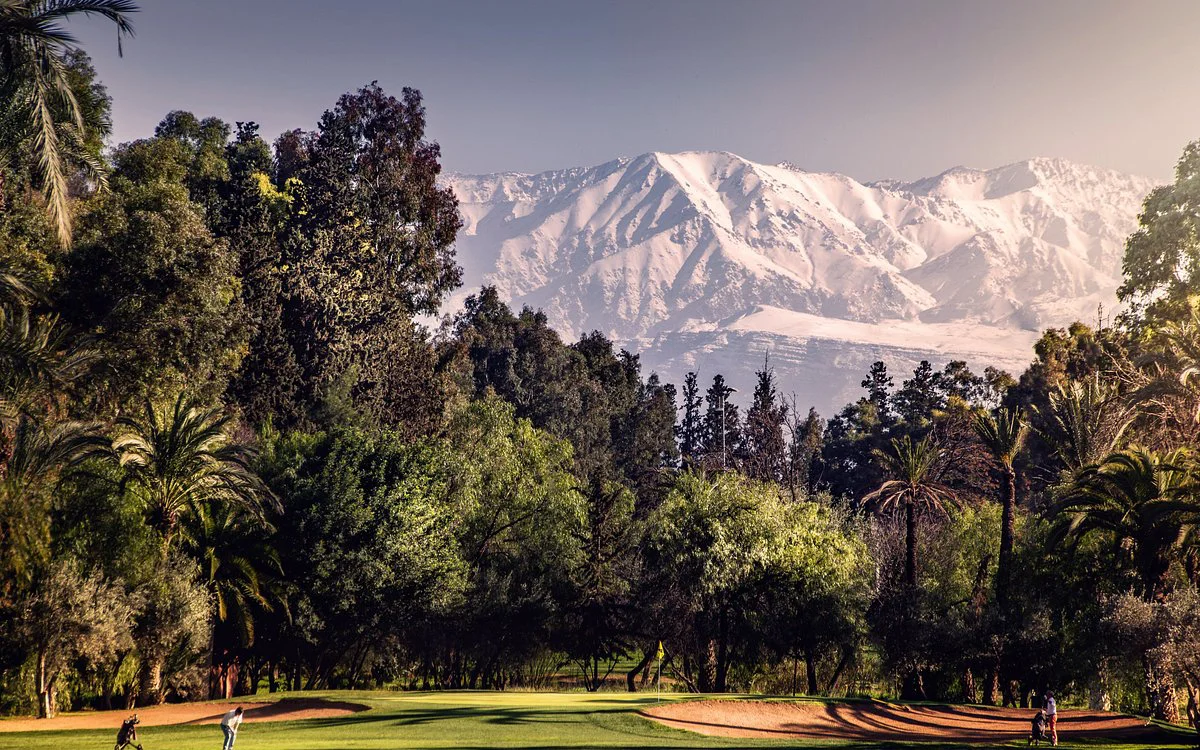 Des montagnes enneigées se dressent derrière une végétation luxuriante et des palmiers sur un parcours de golf, illustrant les paysages époustouflants du Maroc.