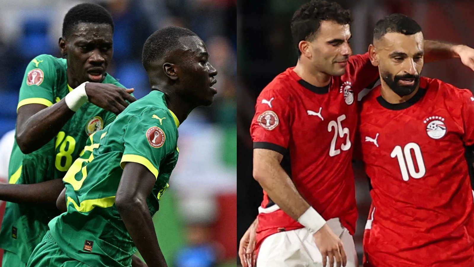 Les joueurs sénégalais en maillots verts célèbrent, tandis que les coéquipiers égyptiens en rouge soulignent l'enthousiasme de la rivalité du football africain.