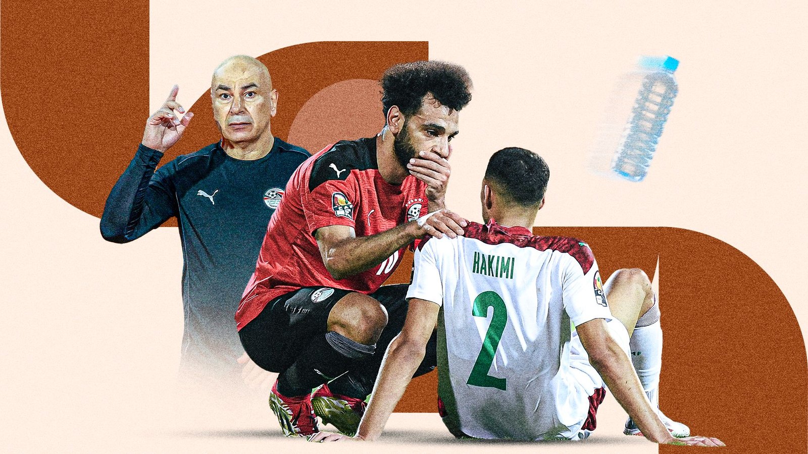 Egyptian coach and players discuss strategy, featuring Mohamed Salah supporting Ashraf Hakimi, with a water bottle in the background.