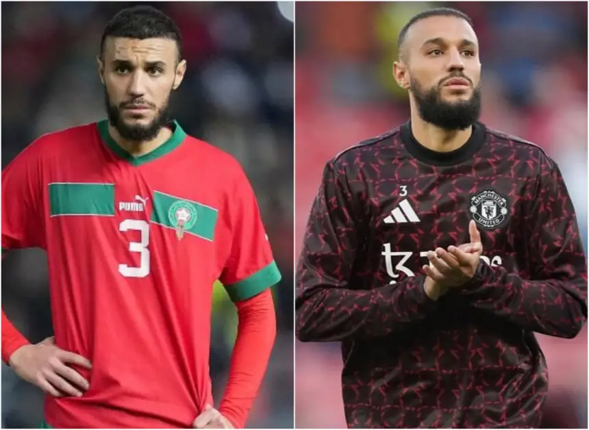 Marokkaanse verdediger met rugnummer 3 in nationale teamkleuren links, en een doelman in een zwart Manchester United-tenue rechts.