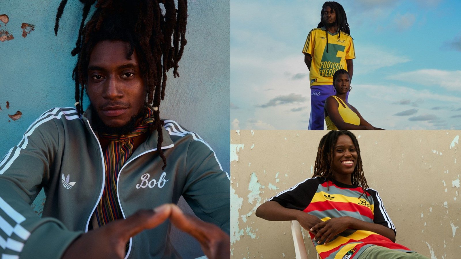 Collection Adidas inspirée de Bob Marley présentant deux modèles en tenues de football vibrantes, sur fond bleu texturé.