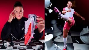 Alexia Putellas pose avec une chaussure de football Nike sur un fond rouge saisissant, mettant en valeur sa carrière iconique et son style dynamique.