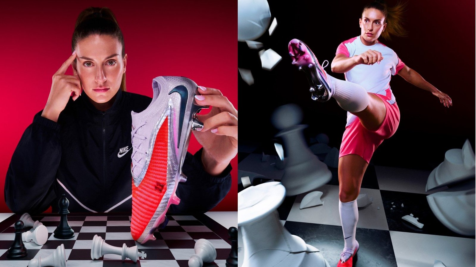 Alexia Putellas pose avec une chaussure de football Nike sur un fond rouge saisissant, mettant en valeur sa carrière iconique et son style dynamique.