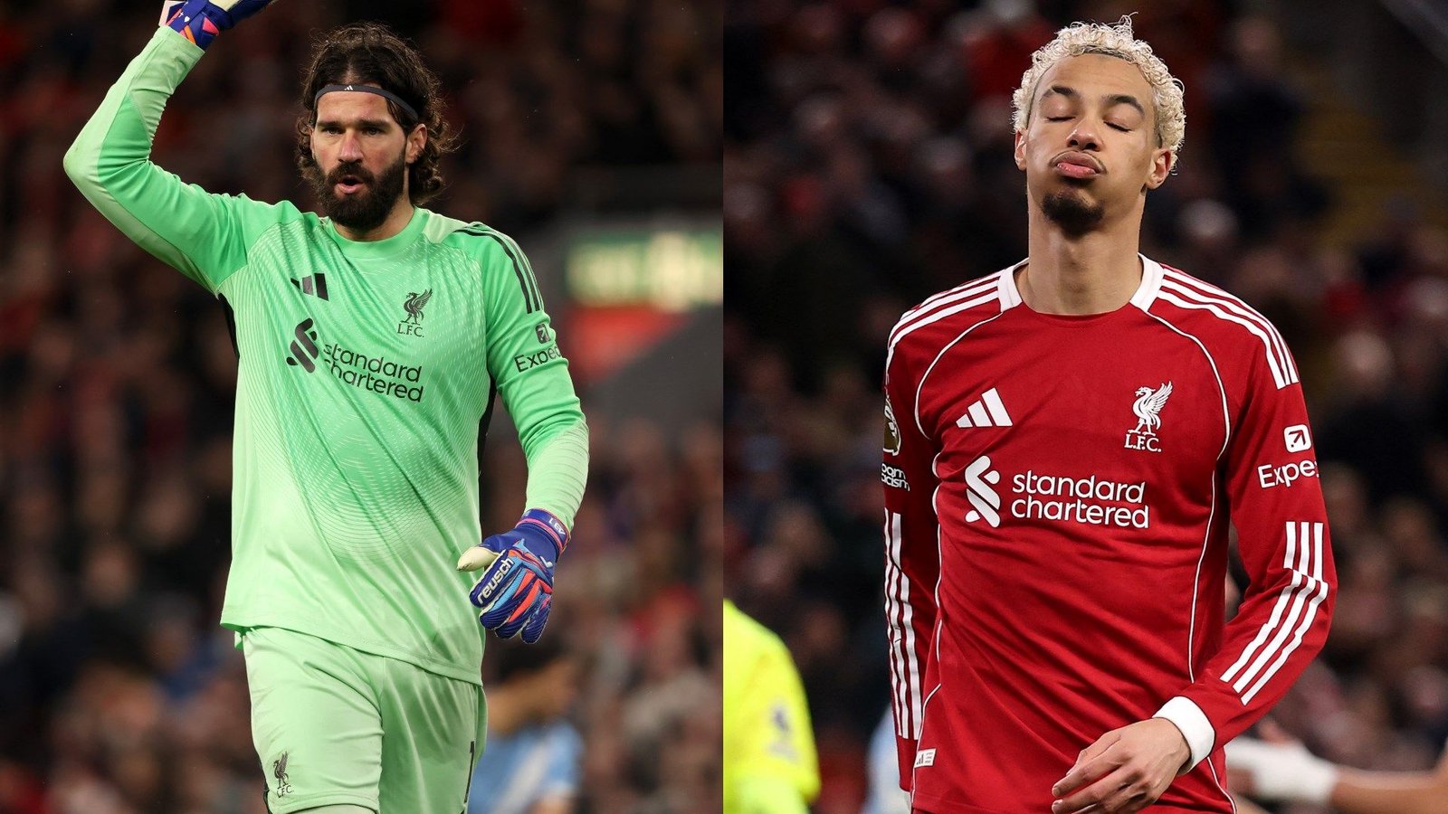 Liverpool's Alisson Becker gestures during a match, while Hugo Ekitike looks disappointed, both in the team's red kit.