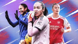 Alyssa Thompson célèbre une victoire de Chelsea sur Liverpool, encadrée par deux autres joueuses de football aux tenues vibrantes, se détachant sur un arrière-plan saisissant.