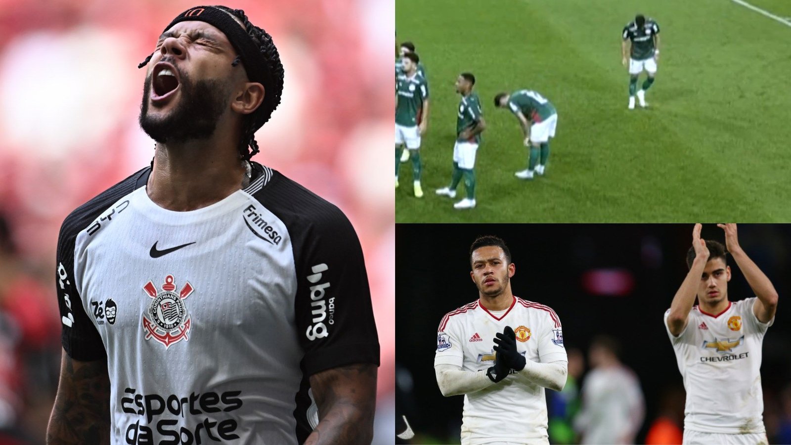 Andreas Pereira celebrates passionately in his Corinthians kit, while Memphis Depay, in a Manchester United strip, acknowledges the crowd.
