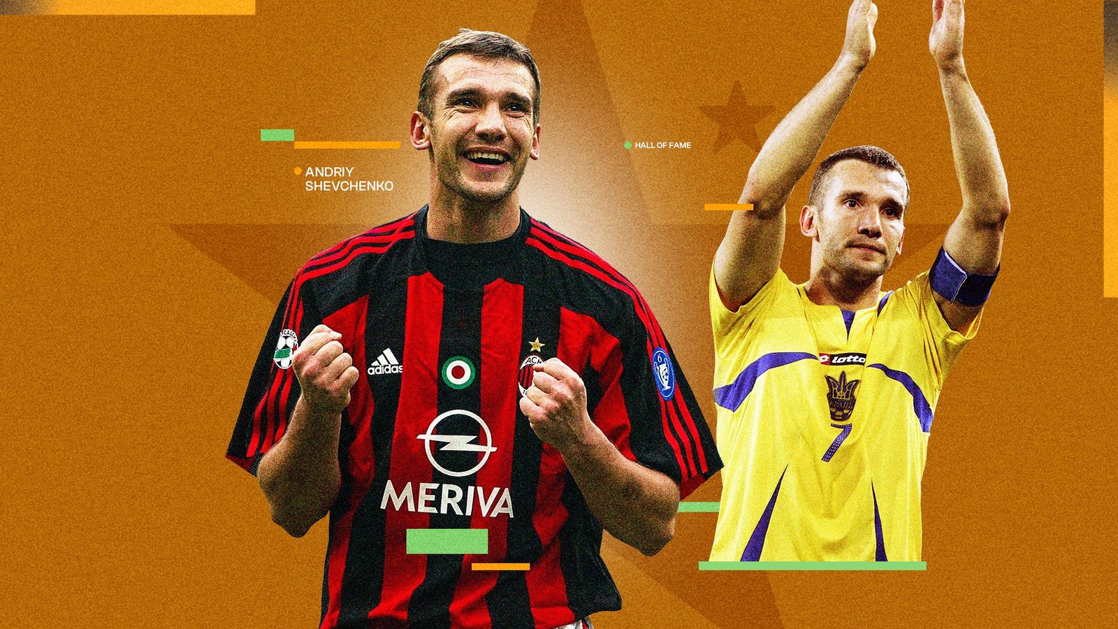 Andriy Shevchenko celebrates in AC Milan's red and black kit, alongside a heroic pose in Ukraine's yellow jersey, against an orange backdrop.