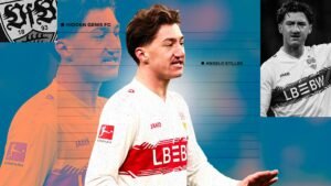 Angelo Stiller, milieu de terrain du Stuttgart, présenté de manière proéminente avec le logo du club, ses statistiques et un fond dynamique soulignant son ascension.