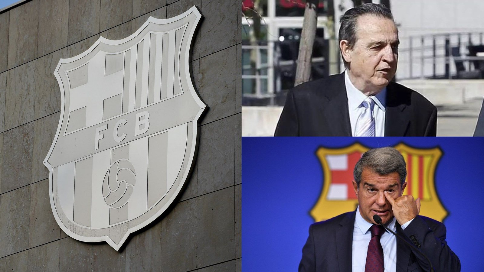 Logo du FC Barcelone aux côtés de l'ancien président Joan Laporta et du président actuel Joan Laporta, mettant en lumière la controverse dans le football espagnol.