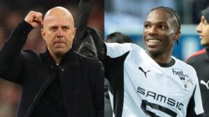 Arne Slot celebrates passionately while Jeremy Jacquet smiles, showcasing his new Liverpool kit, highlighting a significant transfer moment.