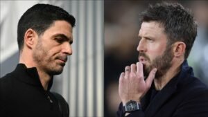 Mikel Arteta and Michael Carrick engaged in thought, both depicting focused expressions amid contrasting backgrounds.