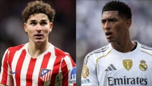 Atletico Madrid's Rodrigo Riquelme in red and white stripes, alongside Real Madrid's Jude Bellingham in a white kit, showcasing rivalry.