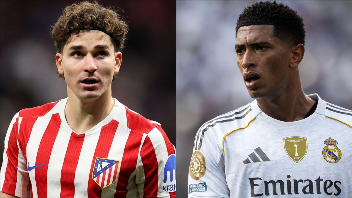 Atletico Madrid's Rodrigo Riquelme in red and white stripes, alongside Real Madrid's Jude Bellingham in a white kit, showcasing rivalry.