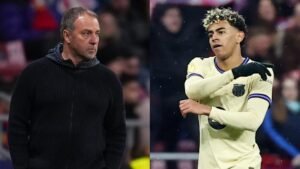 Barcelona players confront Hansi Flick in frustration after the loss to Atletico Madrid, highlighting tensions post-match.