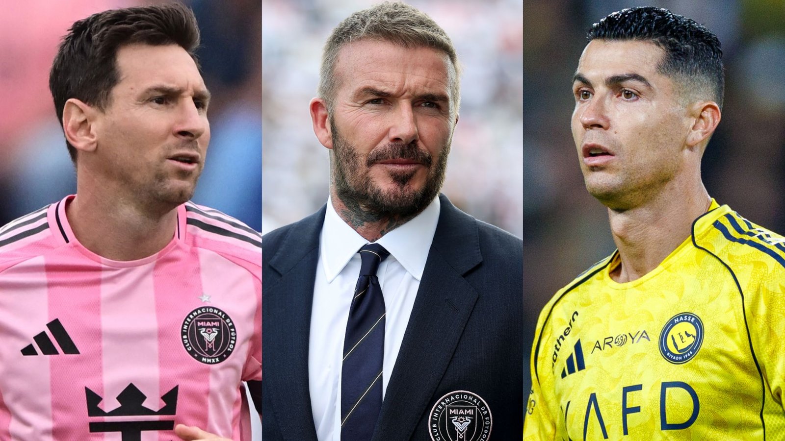 Lionel Messi en maillot rose de l'Inter Miami, David Beckham en costume et Cristiano Ronaldo en maillot jaune d'Al Nassr, mettant en valeur les icônes du football.