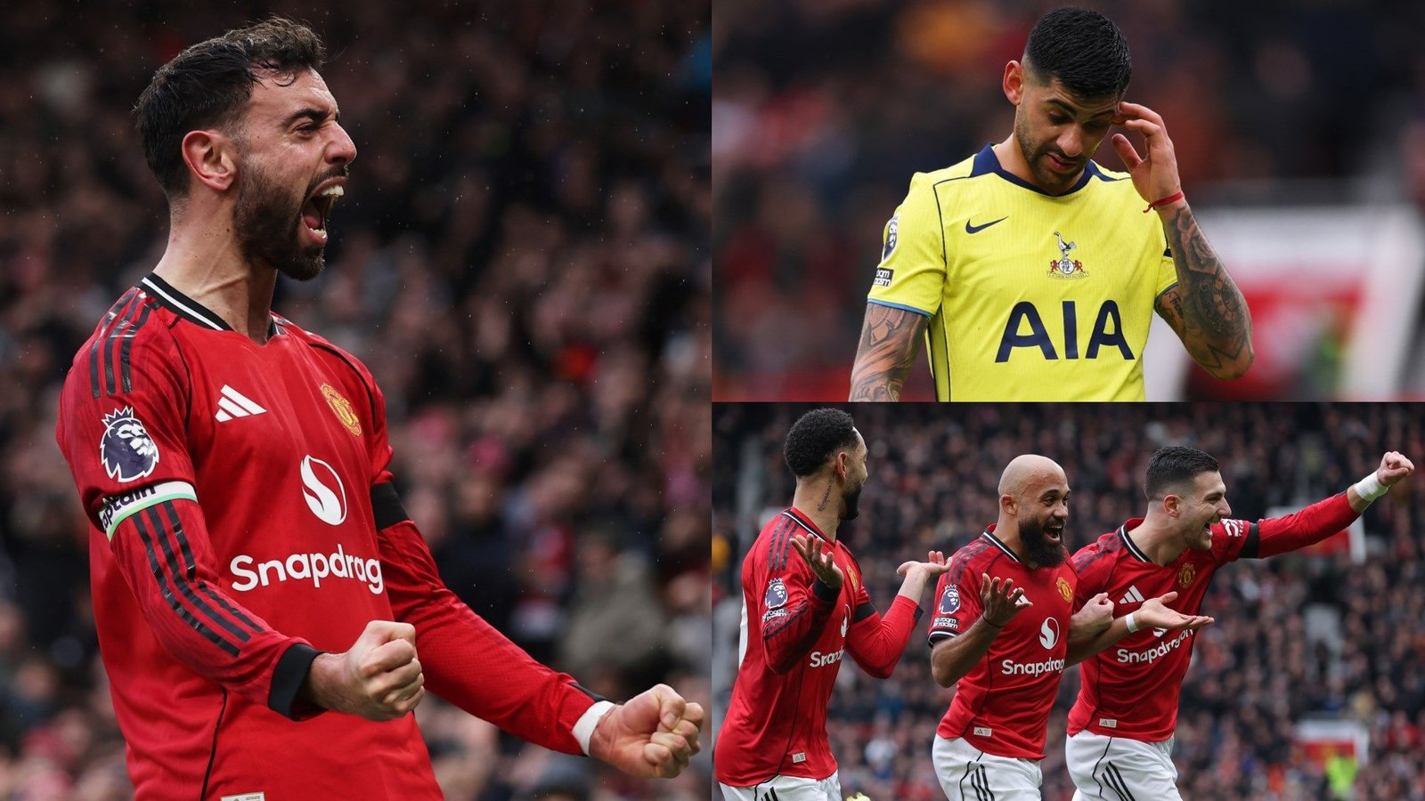 Bruno Fernandes célèbre un but pour Manchester United, avec les joueurs de Tottenham en arrière-plan, illustrant l'intensité du match.