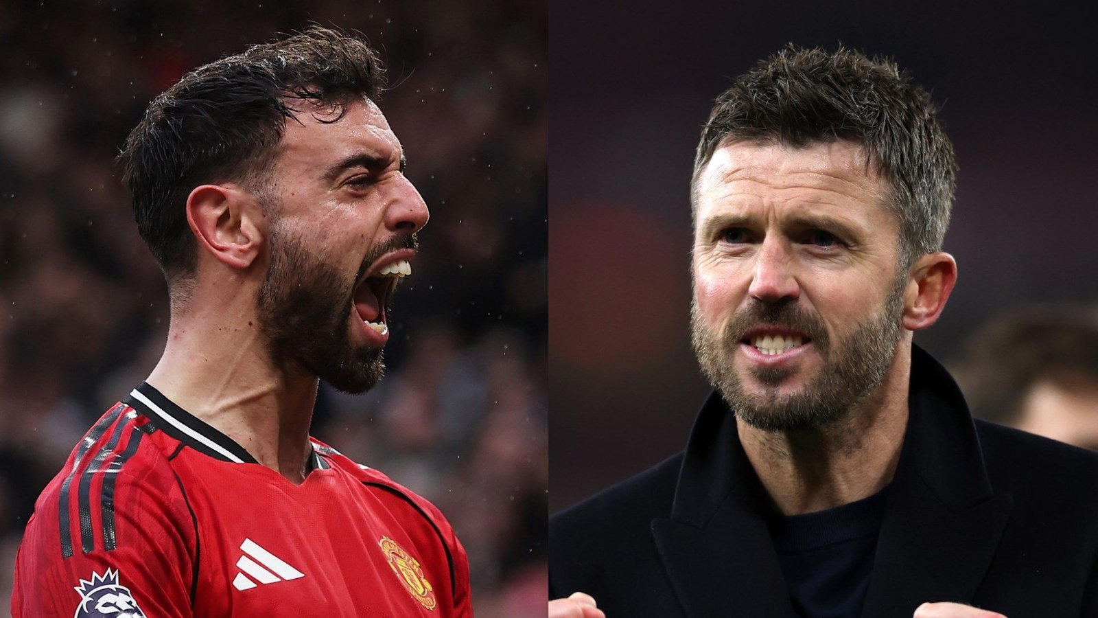 Bruno Fernandes célébrant en maillot de Manchester United aux côtés de Michael Carrick, tous deux exprimant leur enthousiasme pendant un match.