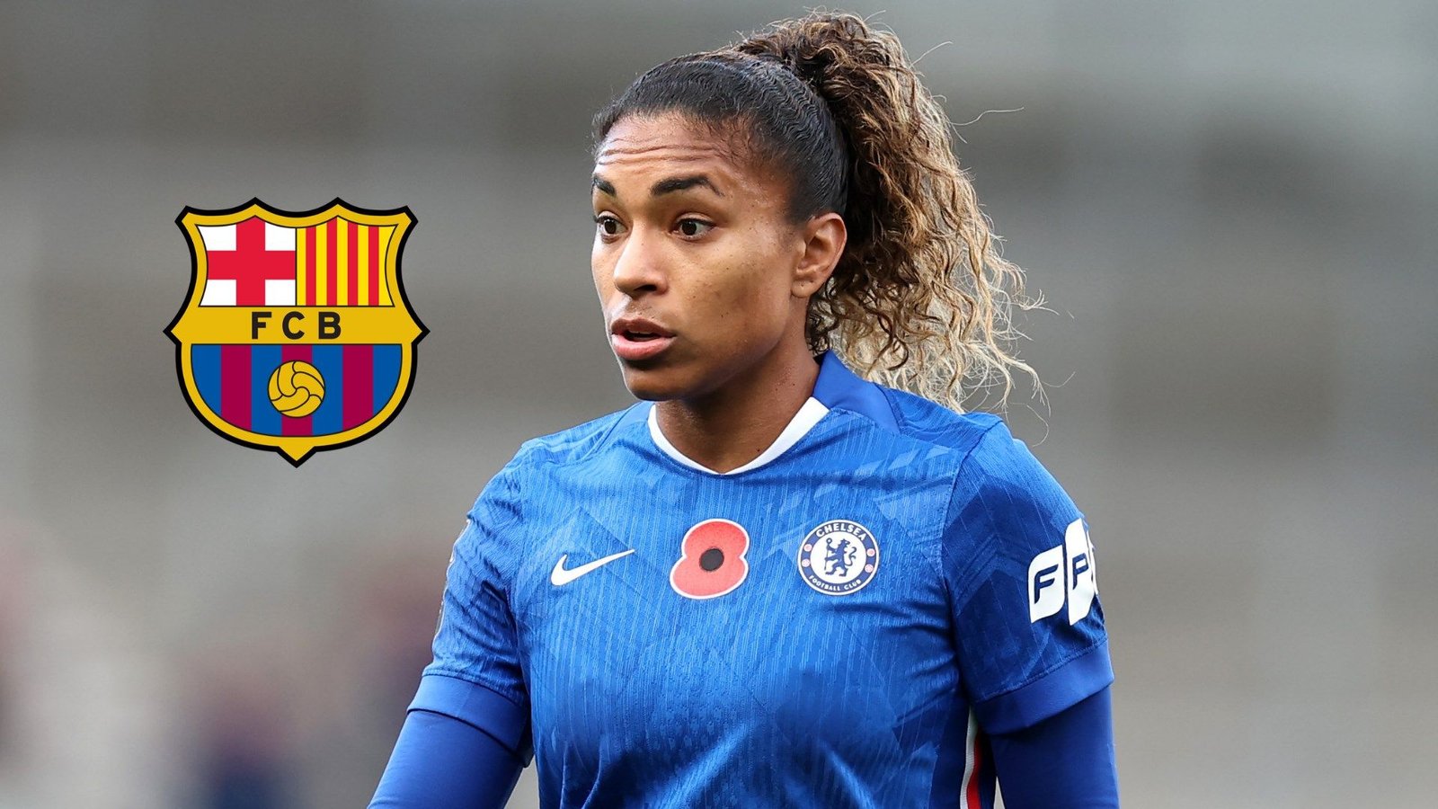 Catarina Macario in a blue Chelsea kit, looking focused, alongside the Barcelona logo, highlighting transfer speculation.