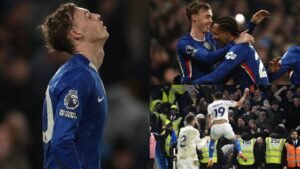 Chelsea players react during a tense match against Leeds, showcasing emotions of disappointment and celebration amidst the crowd.