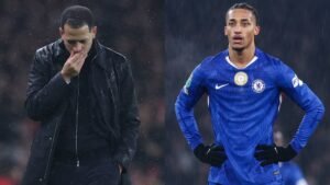 Chelsea manager looks dejected after a loss, while Trevoh Chalobah stands in a blue kit, reflecting the disappointment of missing the Carabao Cup final.