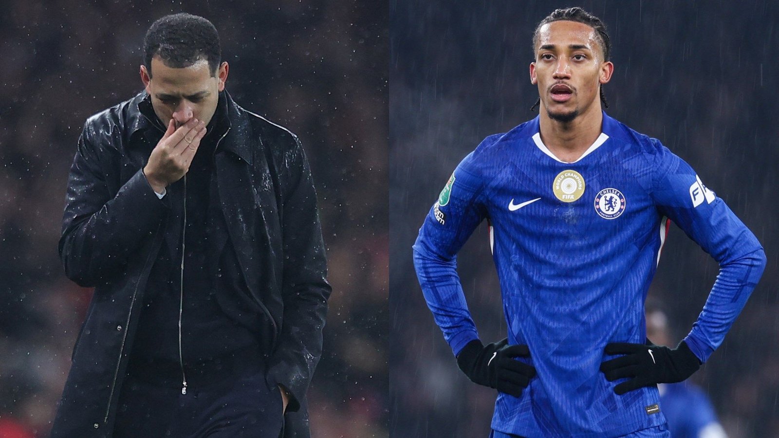 Chelsea manager looks dejected after a loss, while Trevoh Chalobah stands in a blue kit, reflecting the disappointment of missing the Carabao Cup final.