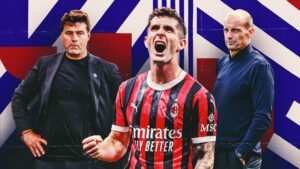 Christian Pulisic in AC Milan's red and black striped kit, celebrating intensely, flanked by coaches Mauricio Pochettino and Massimiliano Allegri.