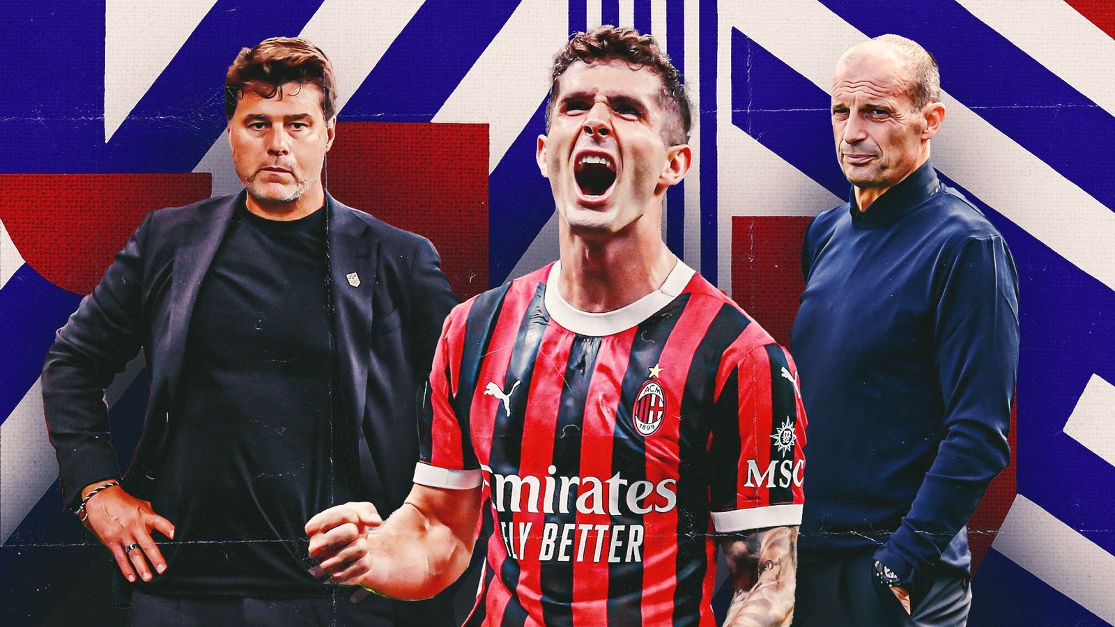 Christian Pulisic in AC Milan's red and black striped kit, celebrating intensely, flanked by coaches Mauricio Pochettino and Massimiliano Allegri.