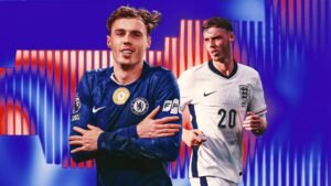 Cole Palmer in a blue Chelsea kit, arms crossed, and wearing an England shirt with number 20, set against a vibrant background.