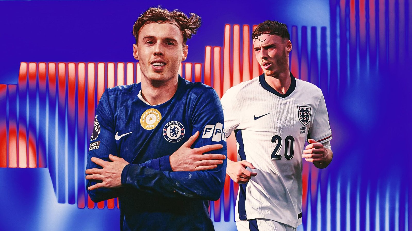 Cole Palmer in a blue Chelsea kit, arms crossed, and wearing an England shirt with number 20, set against a vibrant background.