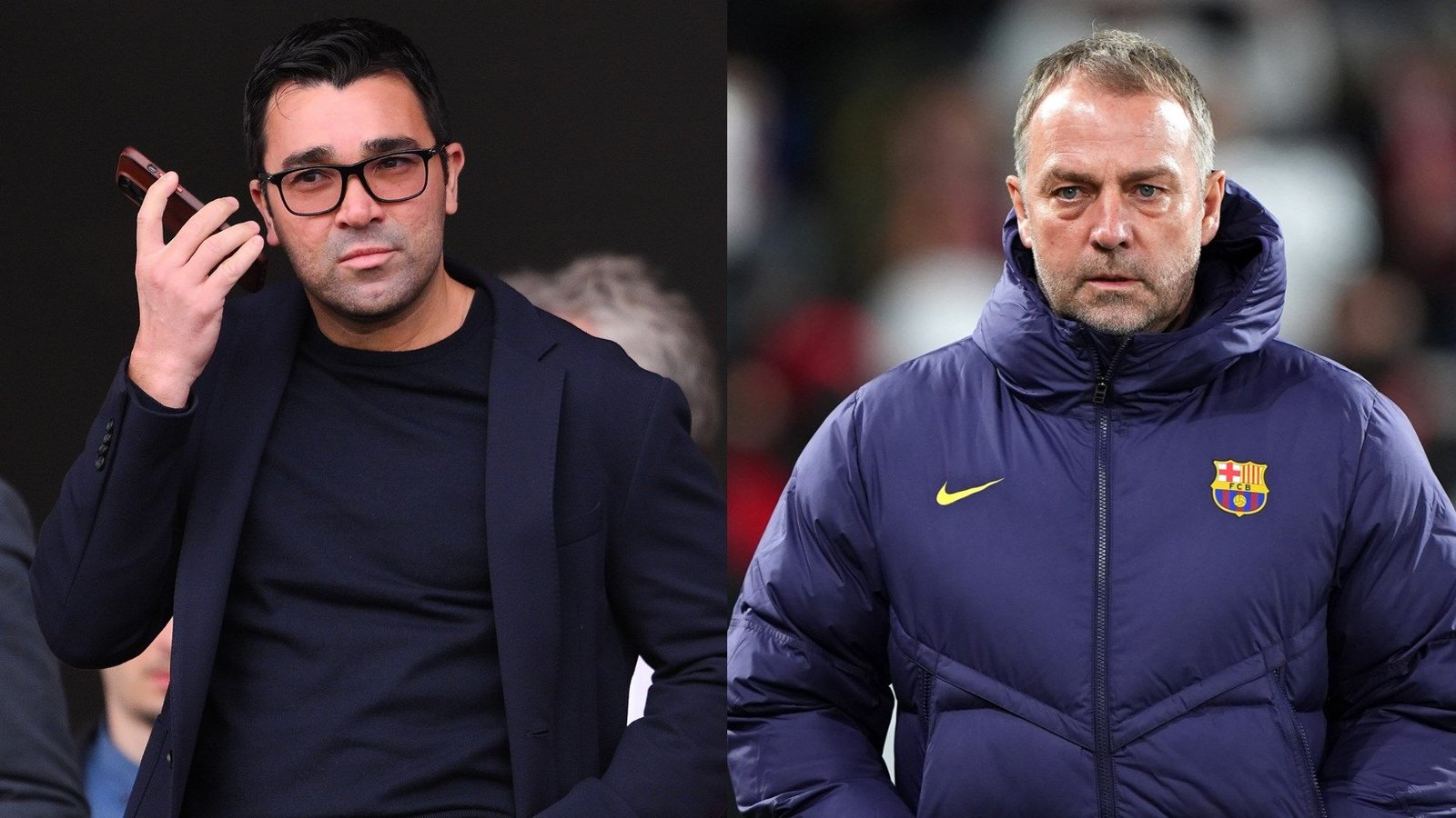 À gauche, Deco du Barça, parlant au téléphone, aux côtés de l'entraîneur Hansi Flick vêtu d'une veste de l'équipe, le tout dans une image divisée.