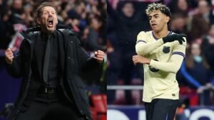 Diego Simeone celebrates passionately on the left, while Lamine Yamal looks frustrated on the right during Barcelona's loss to Atlético Madrid.