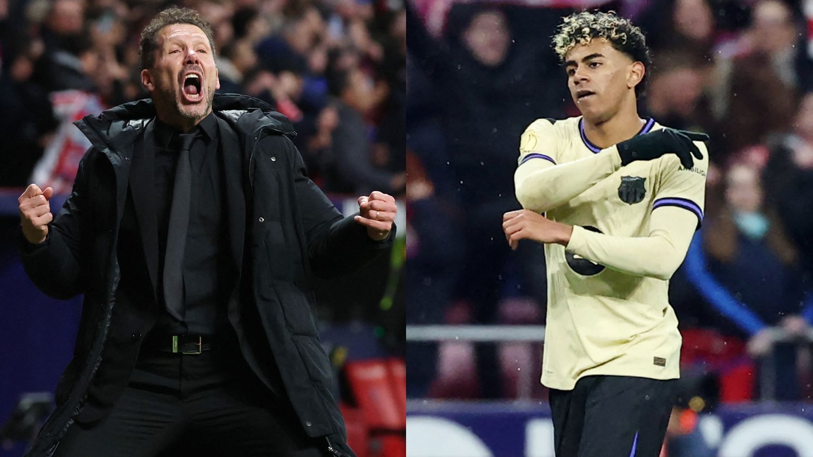 Diego Simeone celebrates passionately on the left, while Lamine Yamal looks frustrated on the right during Barcelona's loss to Atlético Madrid.